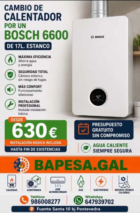Cambio de calentador por un Bosch 6600 MAXIMA EFICIENCIA: Ahorra agua y energía SEGURIDAD TOTAL: Cámara estanca, sin riesgo de fugas MÁS CONFORT: Funcionamiento silencioso INSTALACIÓN PROFESIONAL: Incluida instalación básica 630 € Hasta fin de existencias